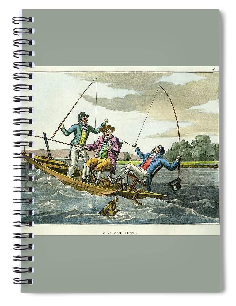 Fishing Spiral Notebook featuring the mixed media A Sharp Bite by unsigned attributed to Edward Barnard