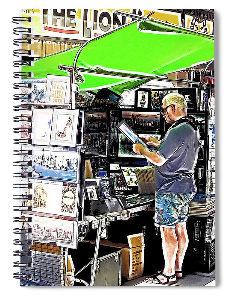 Street Spiral Notebook featuring the painting A street vendor selling art in New York by Jeelan Clark