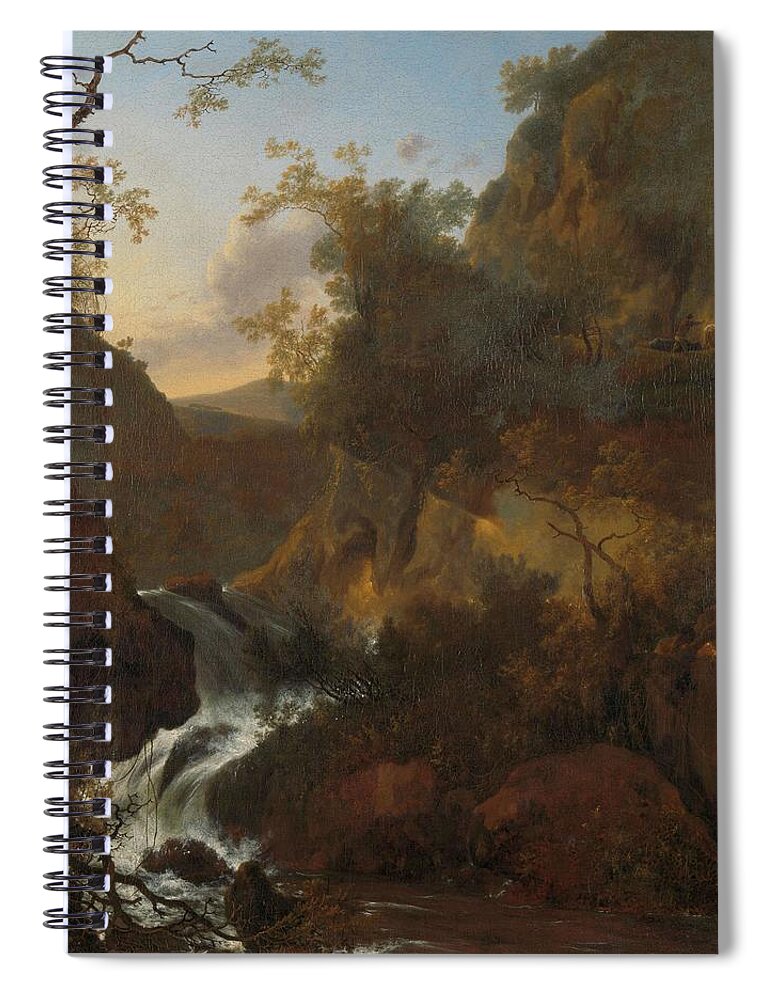 Adam Pijnacker Spiral Notebook featuring the painting A Waterfall. by Adam Pijnacker