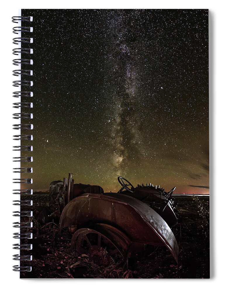 Milky Way Stars Astronomy Astroscape Nightscape Galaxy Tractor Abandoned Vintage Case John Deere Antique Rust Corn Field Stubble Scenic Landscape Horizontal Metal Steampunk North Dakota Nd Rural Ag Agriculture Farming  Spiral Notebook featuring the photograph Abandoned Tractor headed towards Milky Way by Peter Herman