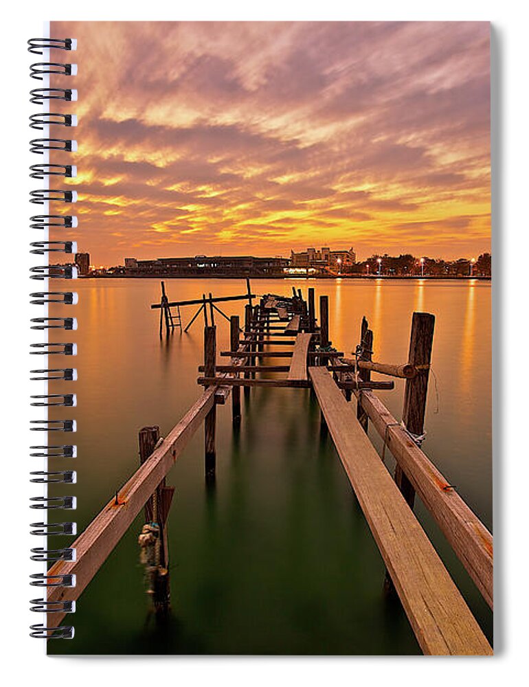 Tranquility Spiral Notebook featuring the photograph Abandoned Wooden Pier At Dusk by Sunrise@dawn Photography