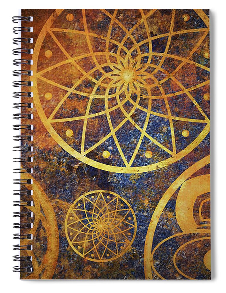 Fantasy Spiral Notebook featuring the digital art Abstract fantasy space with golden circle pattern. Art wallpaper by Jelena Jovanovic