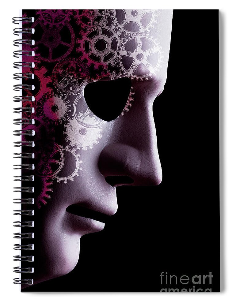 Mask Spiral Notebook featuring the photograph A.I. robotic face close up with cogs by Simon Bratt