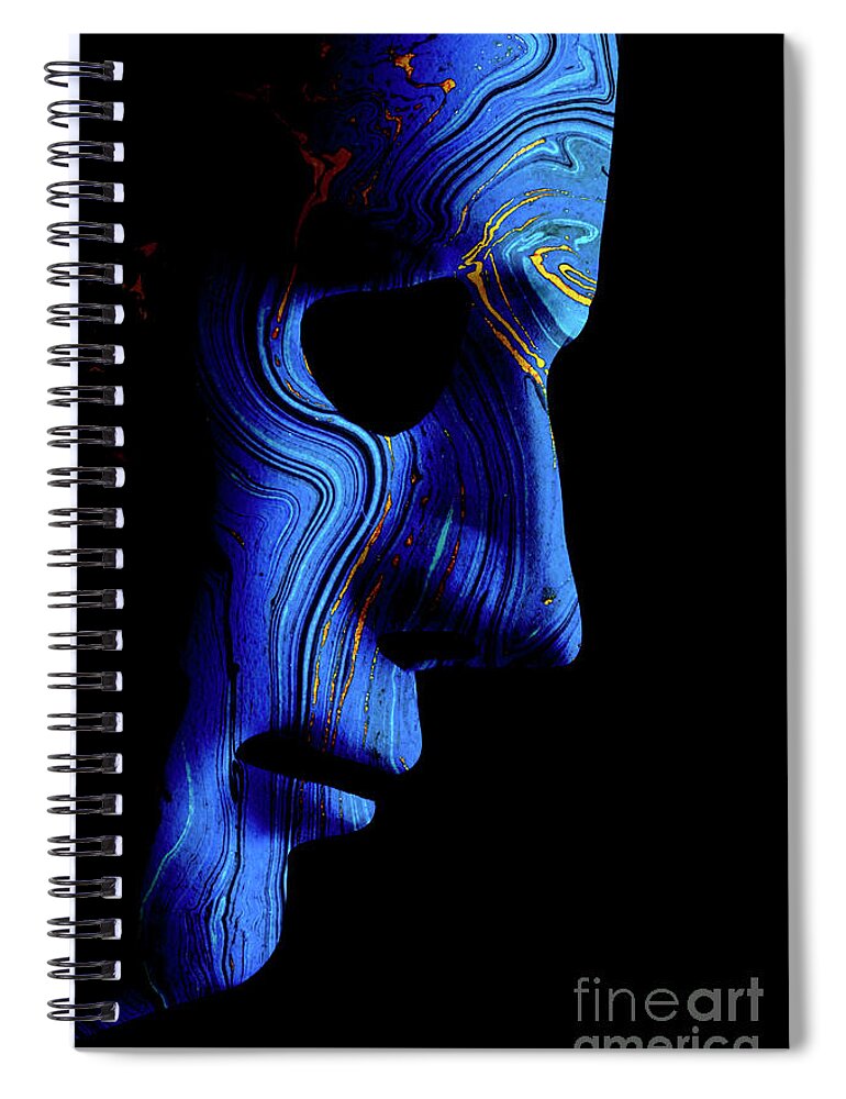 Mask Spiral Notebook featuring the photograph AI robotic face profile close up blue contour by Simon Bratt