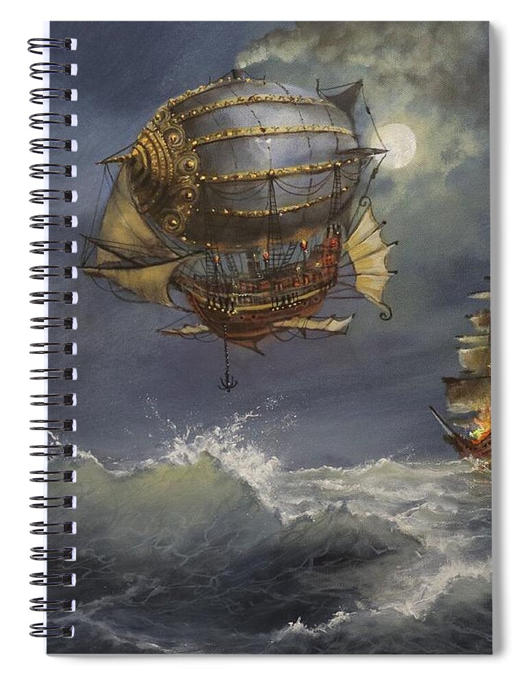 Airship Spiral Notebook featuring the painting Airship Attack by Tom Shropshire