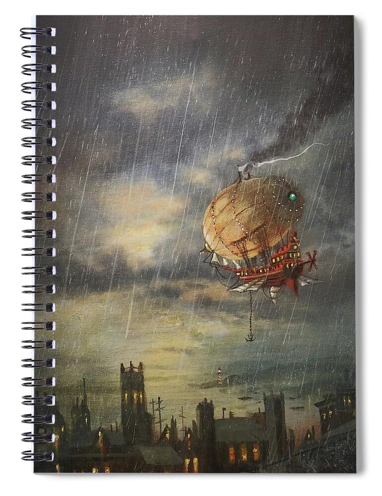 Steampunk Airship Spiral Notebook featuring the painting Airship In The Rain by Tom Shropshire