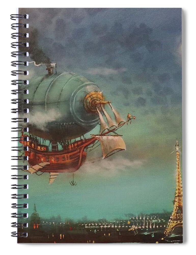 Steampunk Airship Spiral Notebook featuring the painting Airship Over Paris by Tom Shropshire