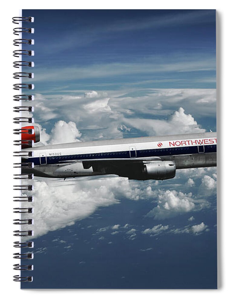 Northwest Orient Airlines Spiral Notebook featuring the mixed media Among the Clouds - Northwest Orient DC-10-40 by Erik Simonsen