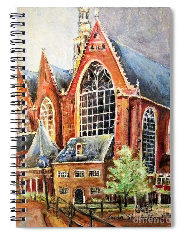 Amsterdam Spiral Notebook featuring the painting Amsterdam Church by Linda Shackelford
