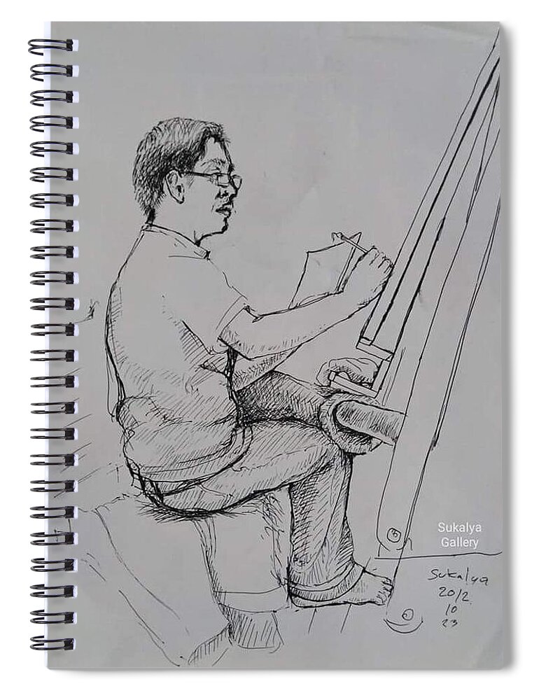 Artist Spiral Notebook featuring the drawing An Artist With the Chinese Brush by Sukalya Chearanantana