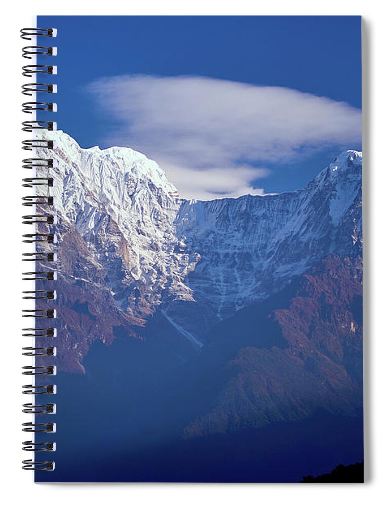 India Spiral Notebook featuring the photograph Annapurna South Peak and pass in the Himalaya mountains, Annapurna region, Nepal by Raimond Klavins