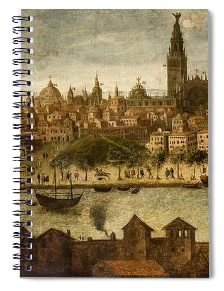 Anonimo Sevillano Spiral Notebook featuring the painting Anonymous Sevillian / 'View of Seville', 1726, Oil on canvas, 1.08 x 2.42 cm. by Anonimo Sevillano