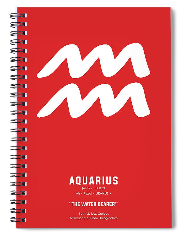 Aquarius Spiral Notebook featuring the mixed media Aquarius Print - Zodiac Signs Print - Zodiac Posters - Aquarius Poster - Red and White by Studio Grafiikka