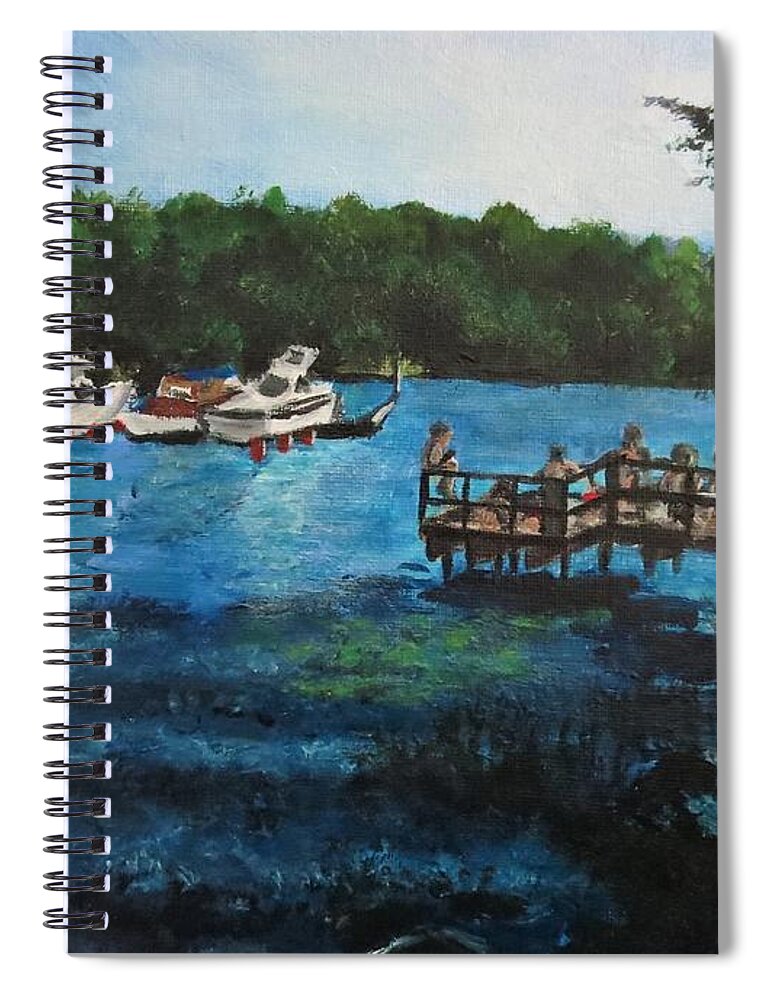 Blue Spiral Notebook featuring the painting Arstaviken sunset, Sodermalm, Stockholm, Sweden by C E Dill