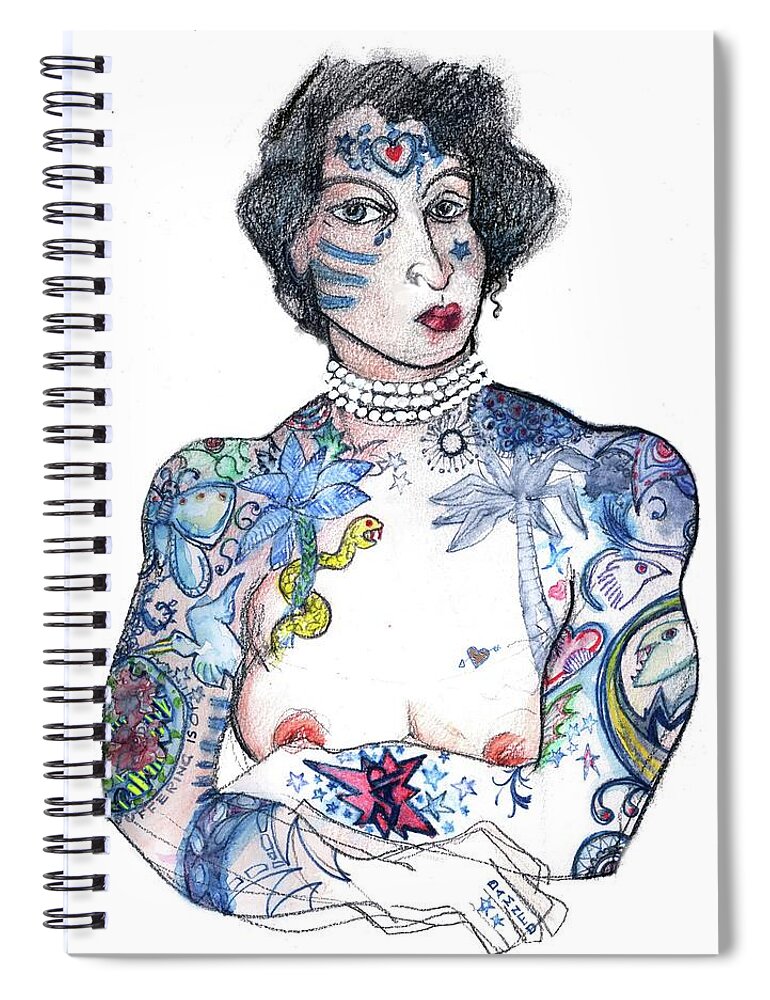 Maud Wagner Spiral Notebook featuring the mixed media Minnie - An Homage to Maud Wagner, Tattoos by Carolyn Weltman