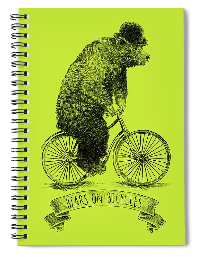 Bear Spiral Notebook featuring the drawing Bears on Bicycles - Lime by Eric Fan