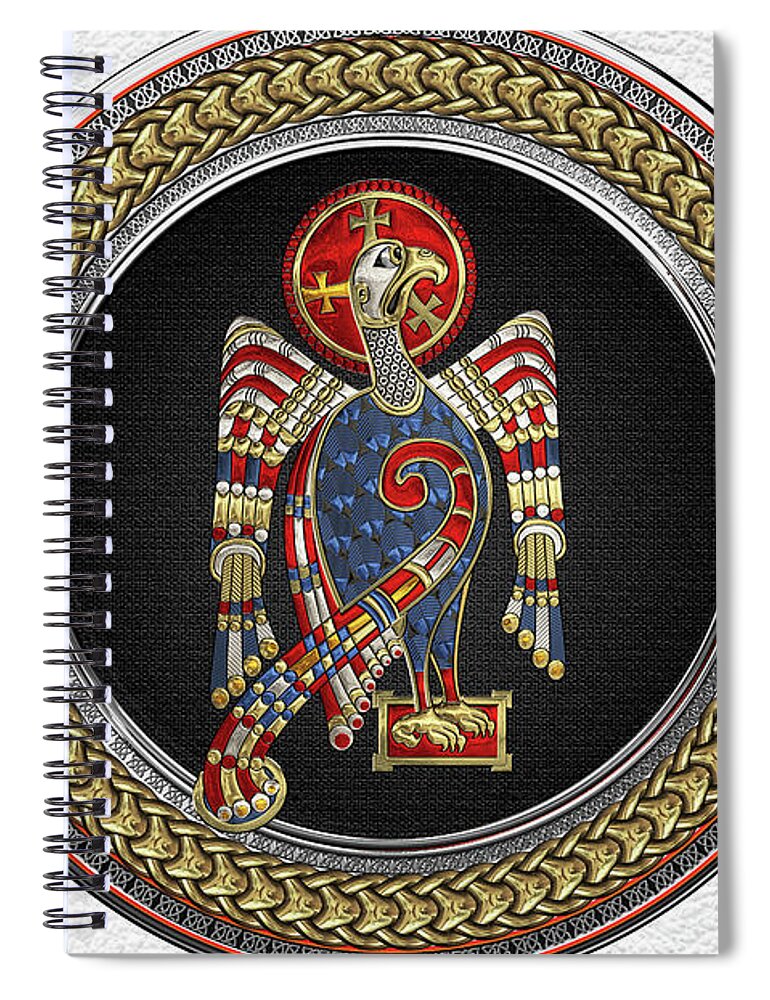 ‘celtic Treasures’ Collection By Serge Averbukh Spiral Notebook featuring the digital art Sacred Celtic Eagle over Gold Silver and Black Medallion on White Leather by Serge Averbukh