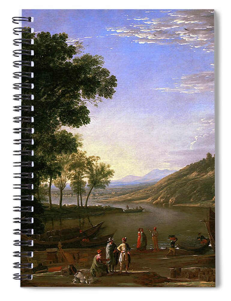Landscape With Merchants Spiral Notebook featuring the painting Landscape with Merchants by Claude Lorrain by Rolando Burbon