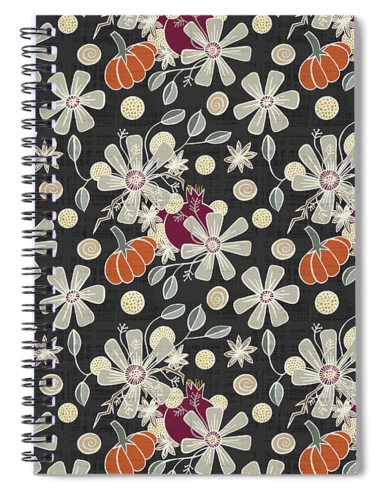 Simple Spiral Notebook featuring the painting Fall Pumpkin Botanical Pattern Black Background by Jen Montgomery