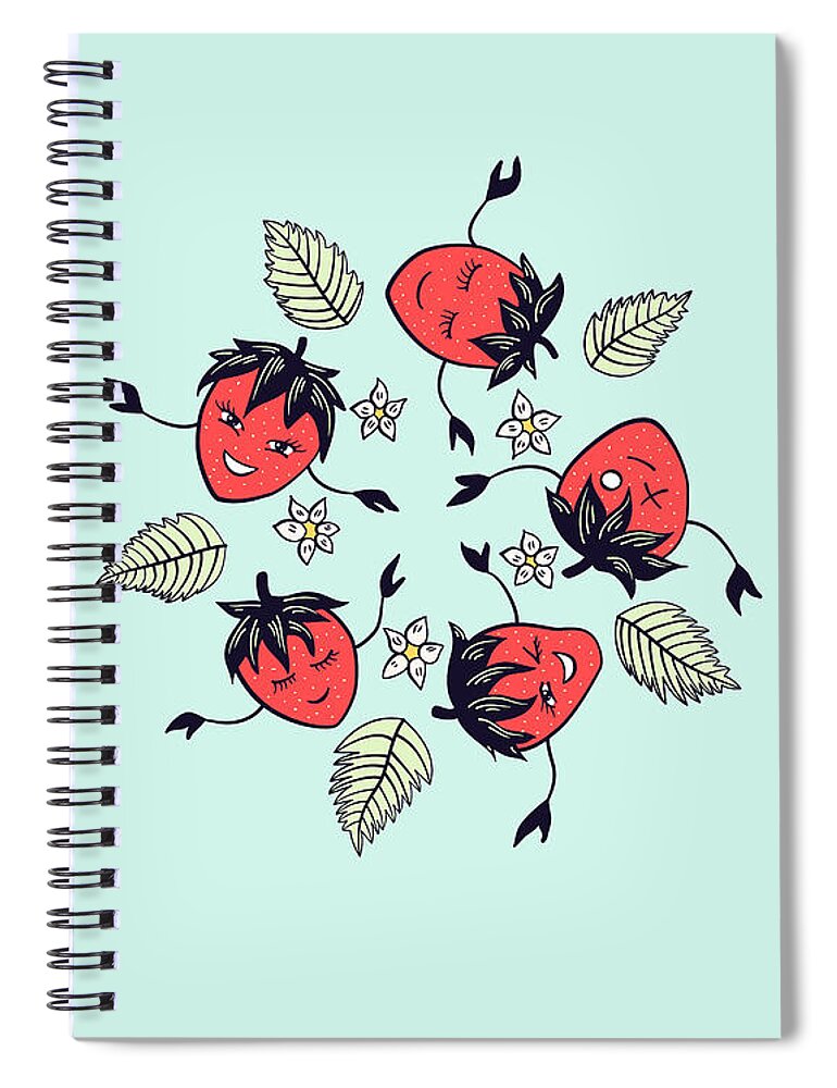Cute Spiral Notebook featuring the digital art Happy strawberry characters fun cartoon by Boriana Giormova