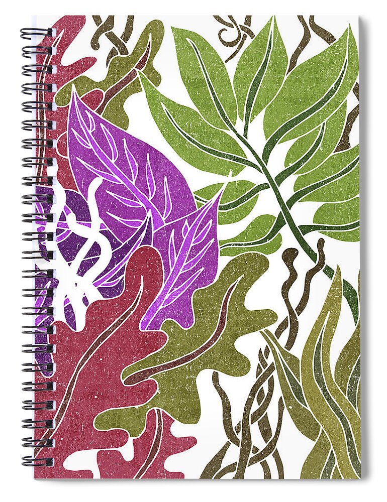 Leaf Spiral Notebook featuring the mixed media Assortment of Leaves 3 - Exotic Boho Leaf Pattern - Colorful, Modern, Tropical Art - Olive, Violet by Studio Grafiikka