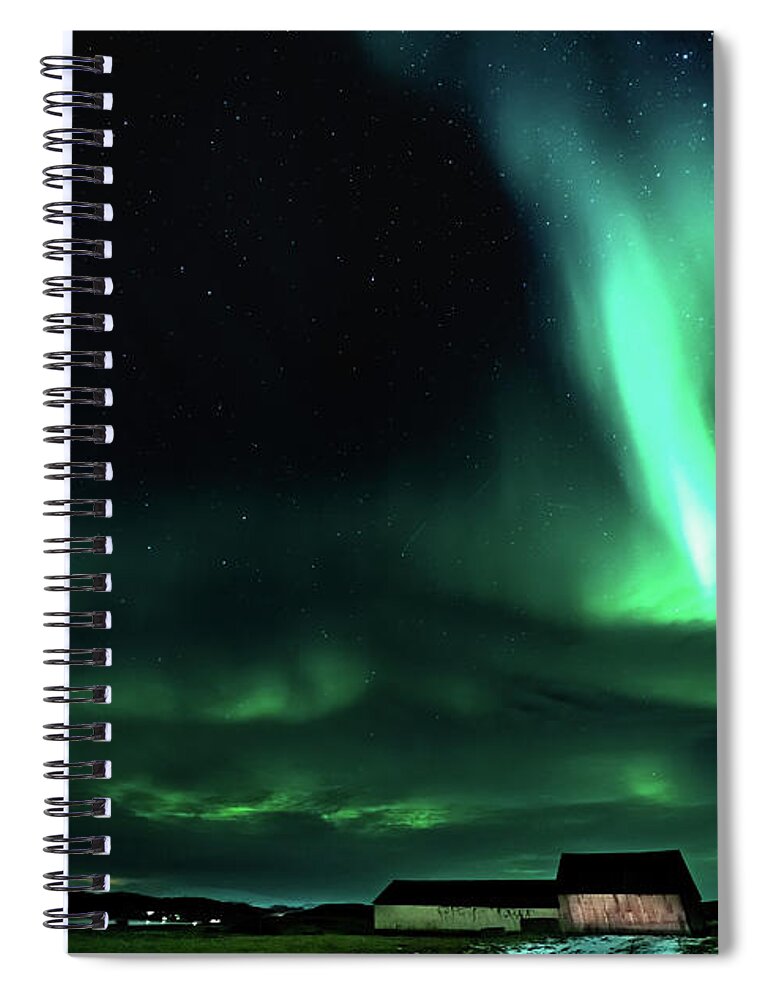 Iceland Spiral Notebook featuring the photograph Aurora and the Barn by Framing Places