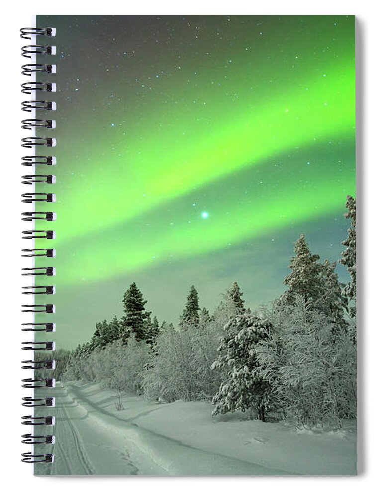 Snow Spiral Notebook featuring the photograph Aurora Borealis Over A Track Through by Sara winter