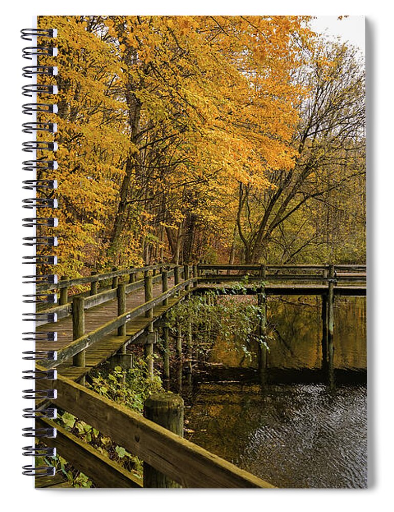 Autumn Boardwalk Splendor Spiral Notebook featuring the photograph Autumn Boardwalk Splendor by Rachel Cohen