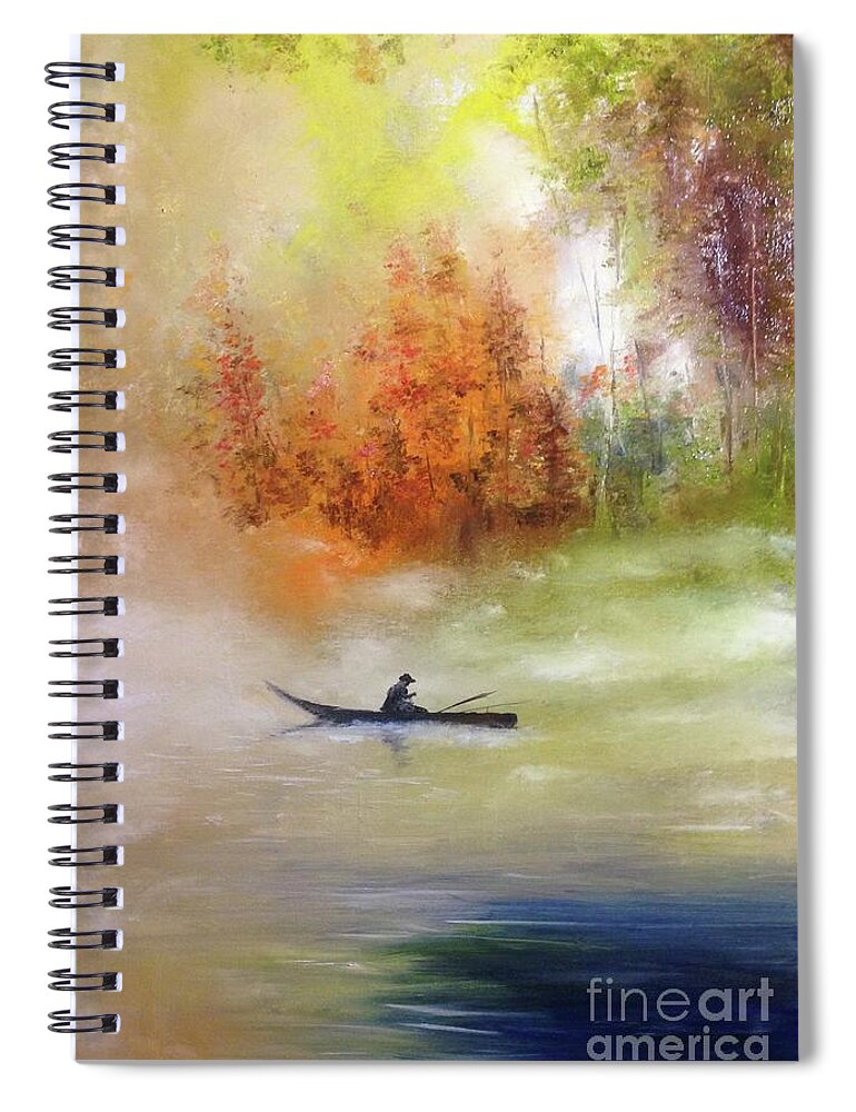 Autumn Spiral Notebook featuring the painting Autumn dawning, Autumn colours, Fisherman on an autumn lake by Lizzy Forrester