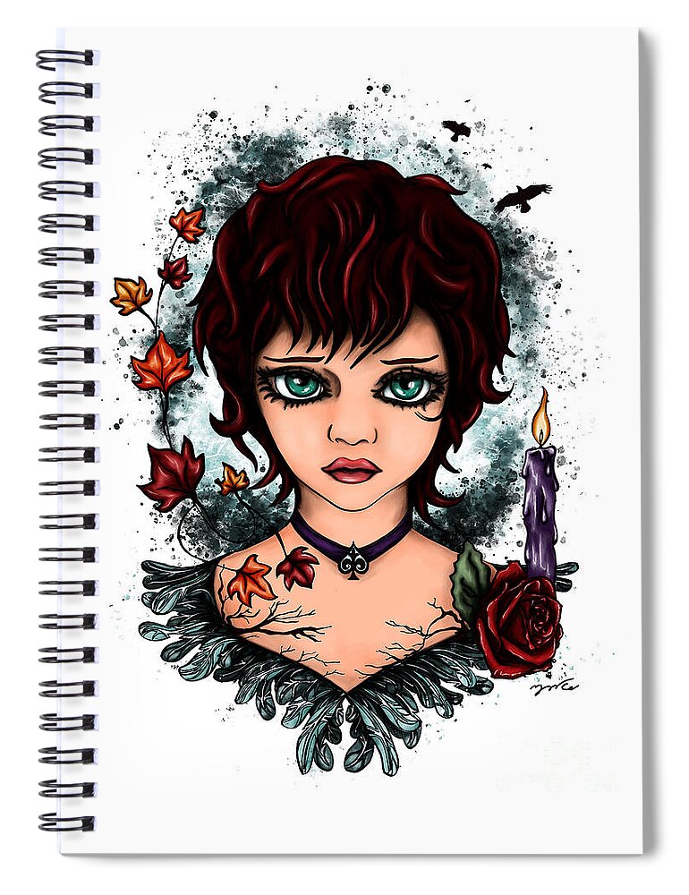 Semi-realistic Portrait Spiral Notebook featuring the painting Semi-realistic witchy girl portrait, autumn girl by Nadia CHEVREL