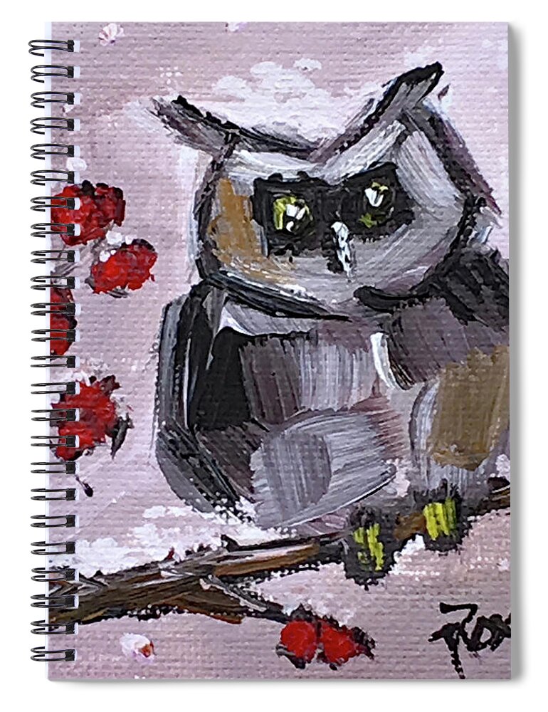 Owl Spiral Notebook featuring the painting Baby Owl with Berries by Roxy Rich