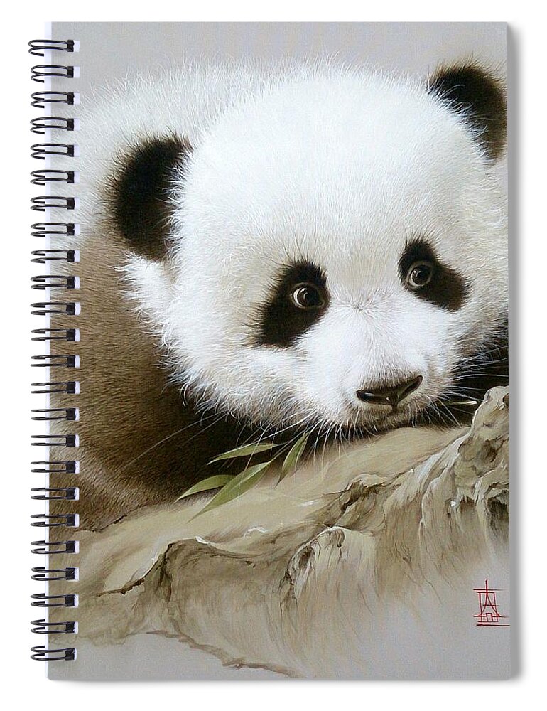 Russian Artists New Wave Spiral Notebook featuring the painting Baby Panda with Bamboo Leaves by Alina Oseeva