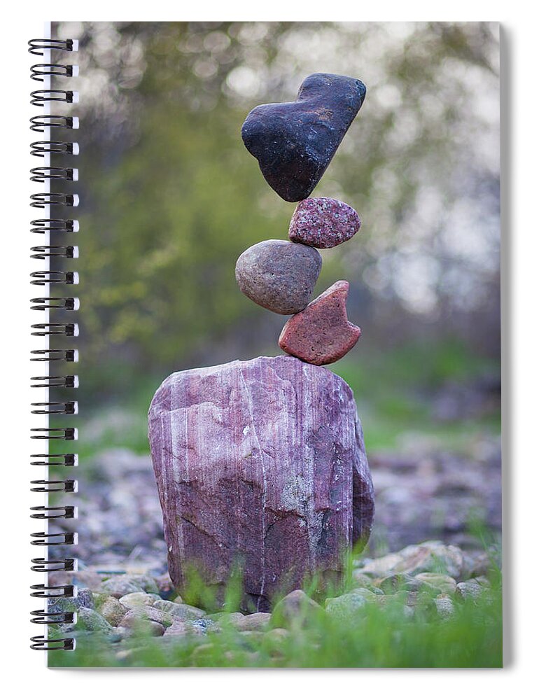 Meditation Zen Yoga Mindfulness Stones Nature Land Art Balancing Sweden Spiral Notebook featuring the sculpture Balancing art #50 by Pontus Jansson