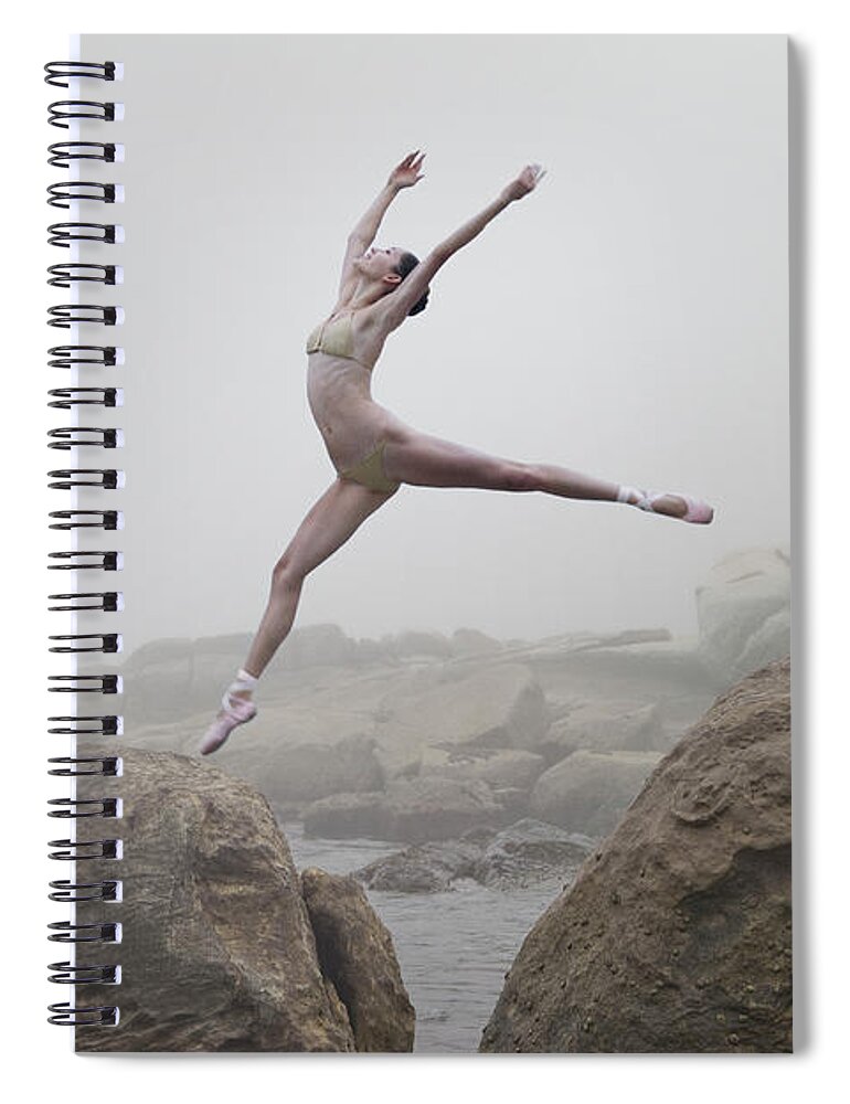 Ballet Dancer Spiral Notebook featuring the photograph Ballerina Leaping From One Rock To by Dimitri Otis