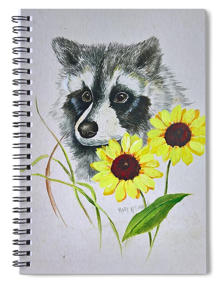 Raccoons Spiral Notebook featuring the painting Bandit and the Sunflowers by ML McCormick