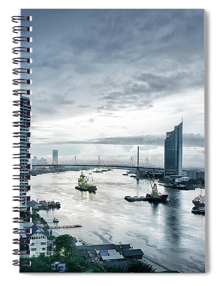 Southeast Asia Spiral Notebook featuring the photograph Bangkok Morning Skyline by Aleksandargeorgiev