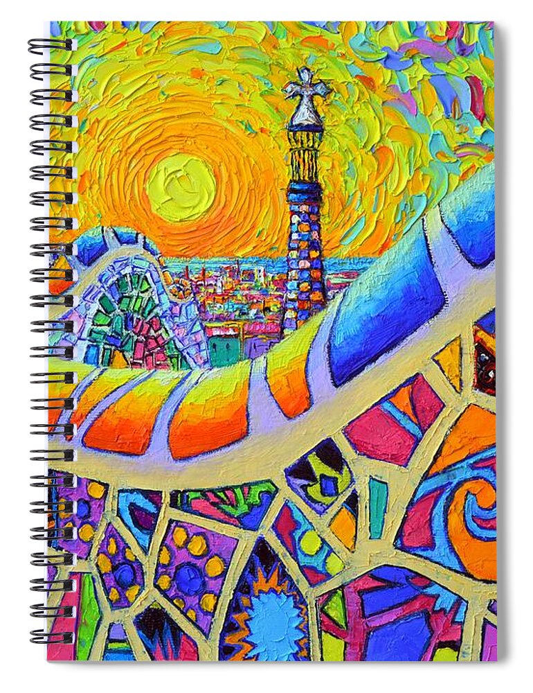Barcelona Spiral Notebook featuring the painting BARCELONA SUNRISE PARK GUELL textural impressionist impasto knife oil painting by Ana Maria Edulescu by Ana Maria Edulescu