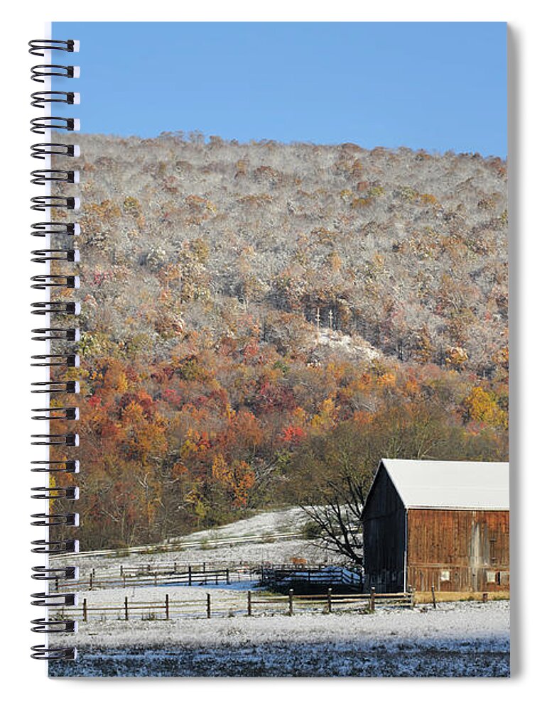 Scenics Spiral Notebook featuring the photograph Barn And Mountain In Early Fall Snow by Catnap72