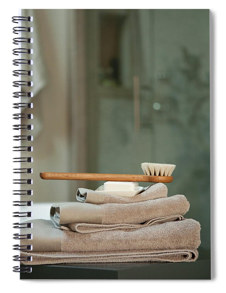 Toothbrush Spiral Notebook featuring the photograph Bath Brush On Stacked Towels by Karyn R. Millet
