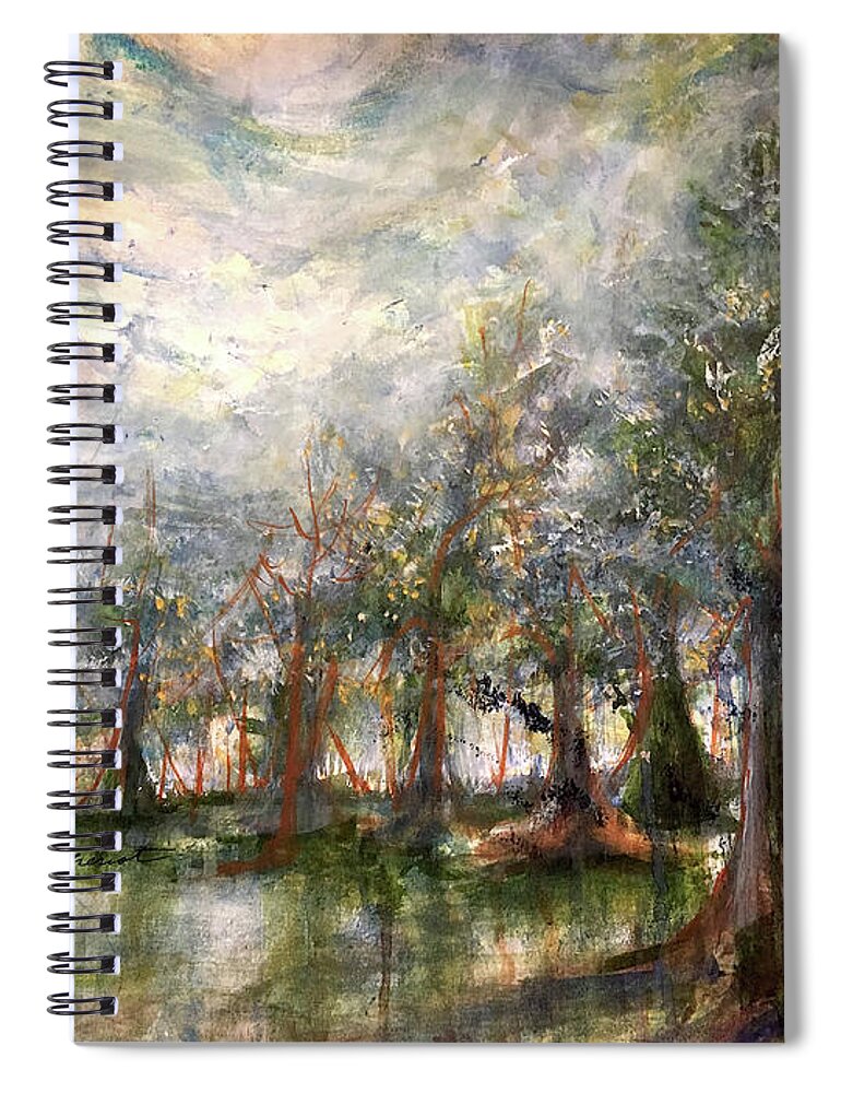 Impressionistic Floral Landscape Louisiana Watercolor Abstract Impressionism Water Bayou Lake Verret Blue Set Design Iris Abstract Painting Abstract Landscape Purple Trees Fishing Painting Bayou Scene Cypress Trees Swamp Bloom Elegant Flower Watercolor Coastal Bird Water Bird Interior Design Imaginative Landscape Oak Tree Louisiana Abstract Impressionism Set Design Spiral Notebook featuring the painting BayouEve by Francelle Theriot
