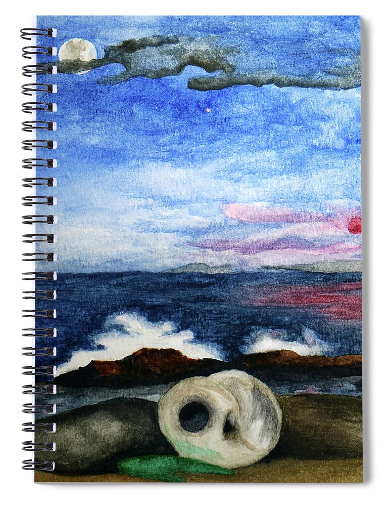 Watercolor Spiral Notebook featuring the painting Beach Debris with Waves by Robert Morin