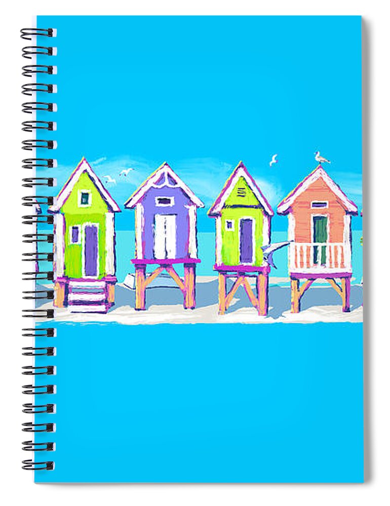 Home Decor Spiral Notebook featuring the digital art Beach Huts Chillin' by L Diane Johnson