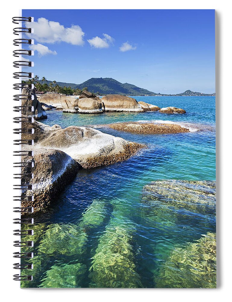 Estock Spiral Notebook featuring the digital art Beach With Rocks by Luigi Vaccarella