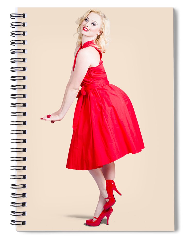 Fashion Spiral Notebook featuring the photograph Beautiful woman model in red dress and high heels by Jorgo Photography