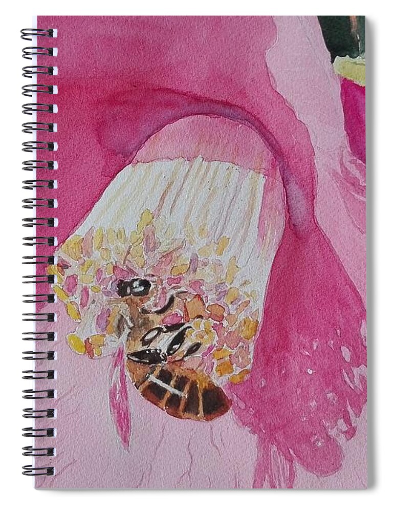 Bee Spiral Notebook featuring the painting Bee and Camelia by Sandie Croft