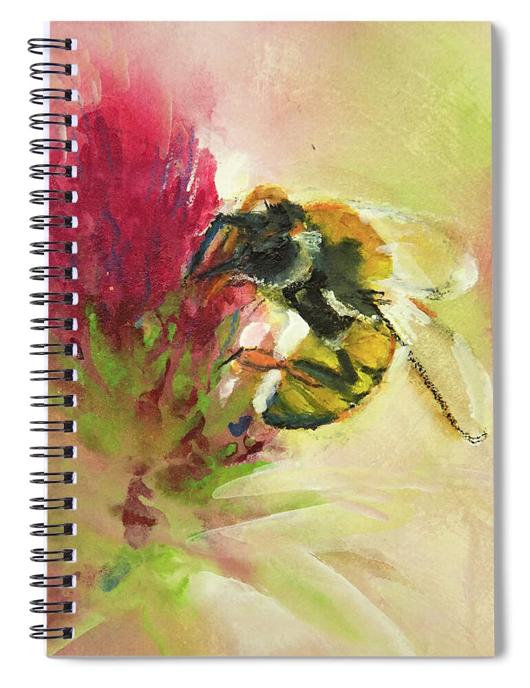 Bee Spiral Notebook featuring the painting Bee On Clover by Jani Freimann