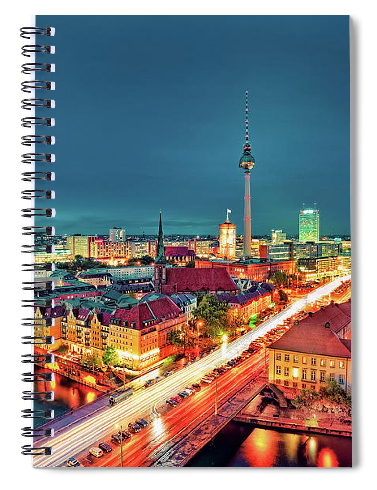 Alexanderplatz Spiral Notebook featuring the photograph Berlin City At Night by Matthias Haker Photography