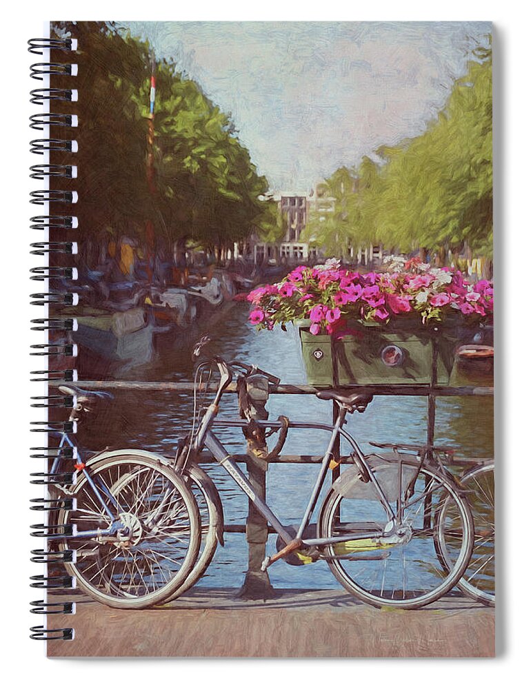 Netherlands Spiral Notebook featuring the photograph Bicycles On The Bridge - Digital Painting by Maria Angelica Maira