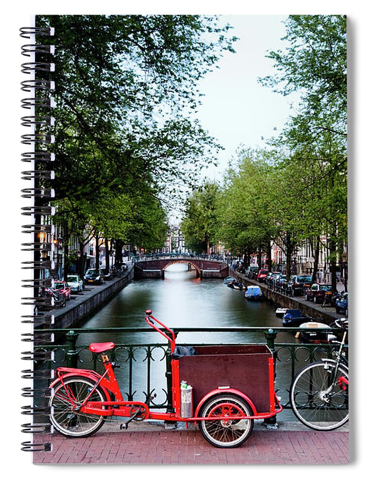 North Holland Spiral Notebook featuring the photograph Bicycles Parked On Bridge Over by Jorg Greuel