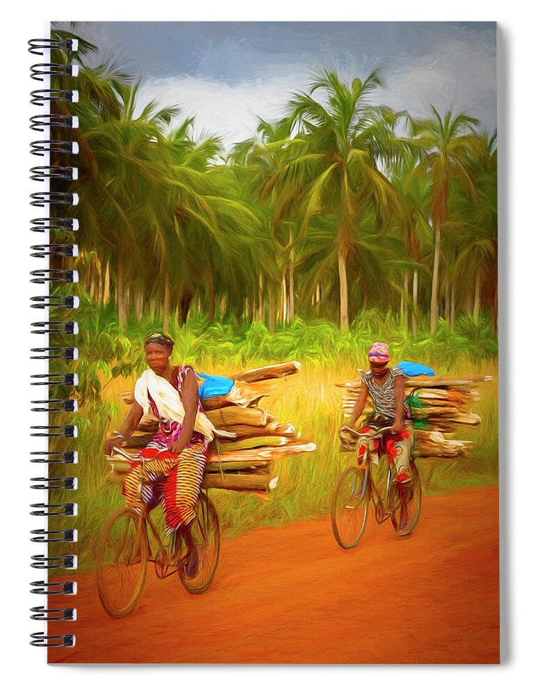African Spiral Notebook featuring the photograph Bicycling to Market Painting by Debra and Dave Vanderlaan